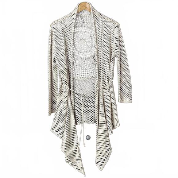Crochet Open Knit Cardigan Women’s Size Large Cream Open Front Boho Festival - Picture 1 of 5